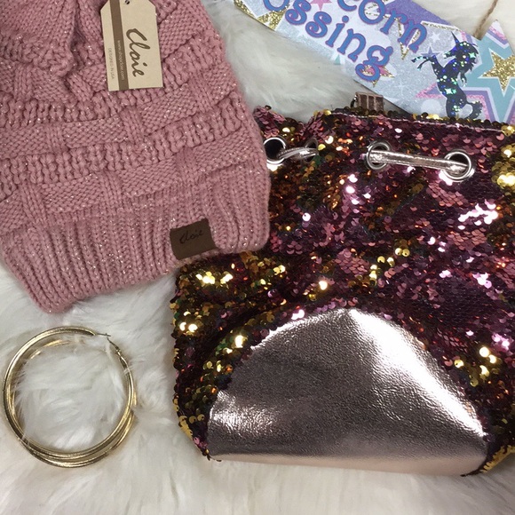 Pink Gold metallic mermaid sequin mini bucket bag - Picture 4 of 5